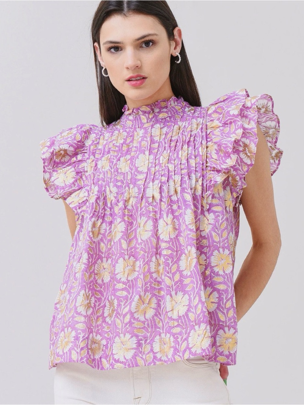 Women's Lavender Floral Ruffle Sleeve Top